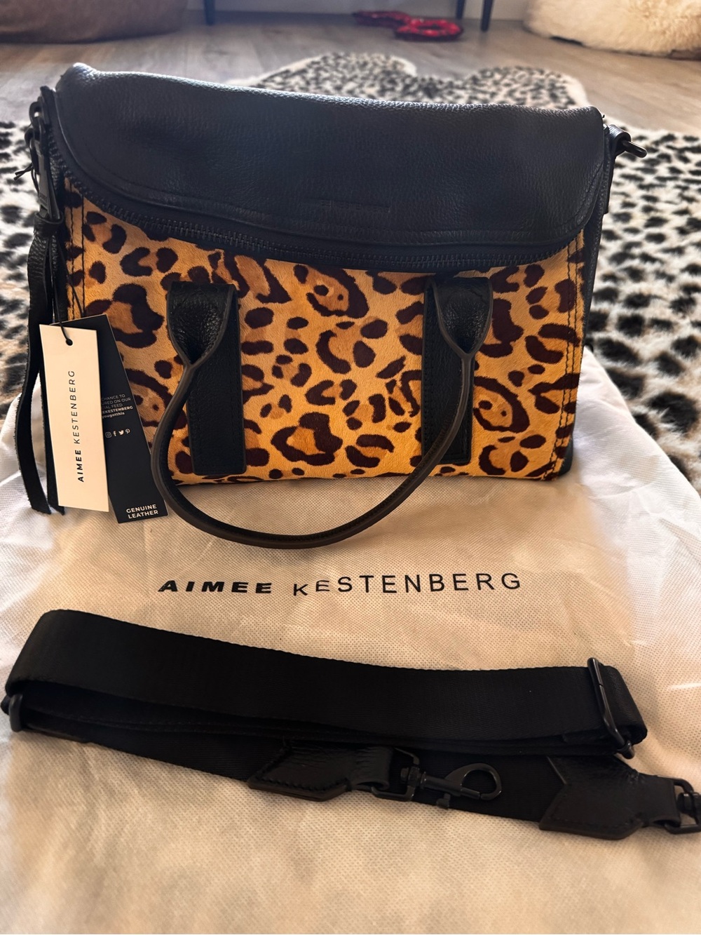 Aimee Kestenberg Leopard Print Leather Handbag with Black Trim
